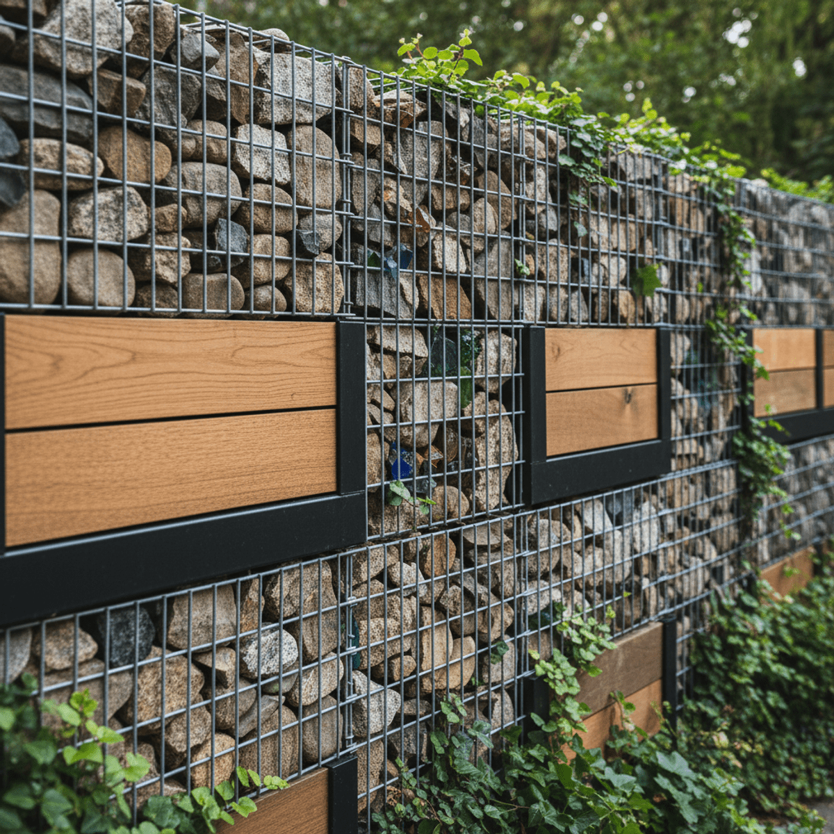 DIY gabion garden fence with river stones, granite, glass, and wood panels.
