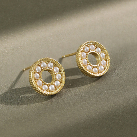 s925纯银耳环气质简约几何镂空圆形微镶嵌珍珠全配女式银耳环