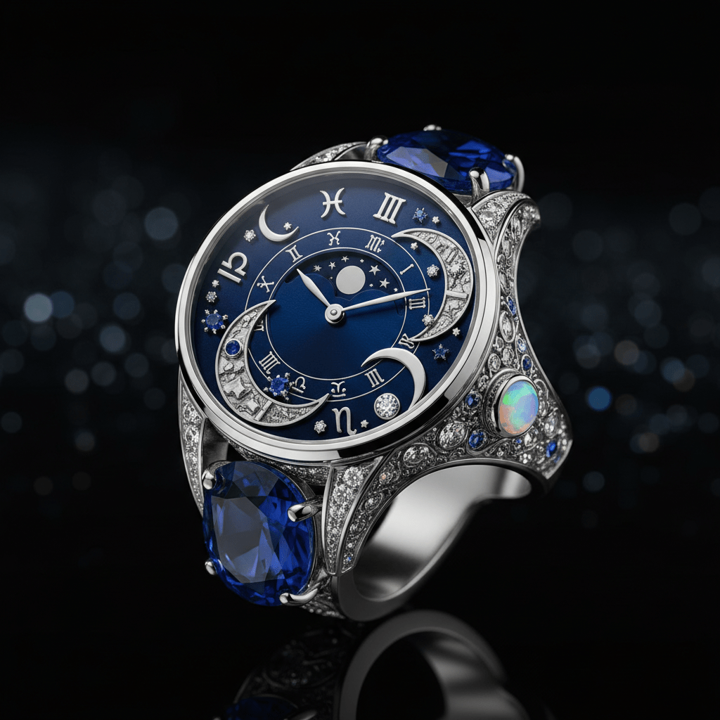 Elegant midnight blue ring watch with silver zodiac symbols and moon phase complication.