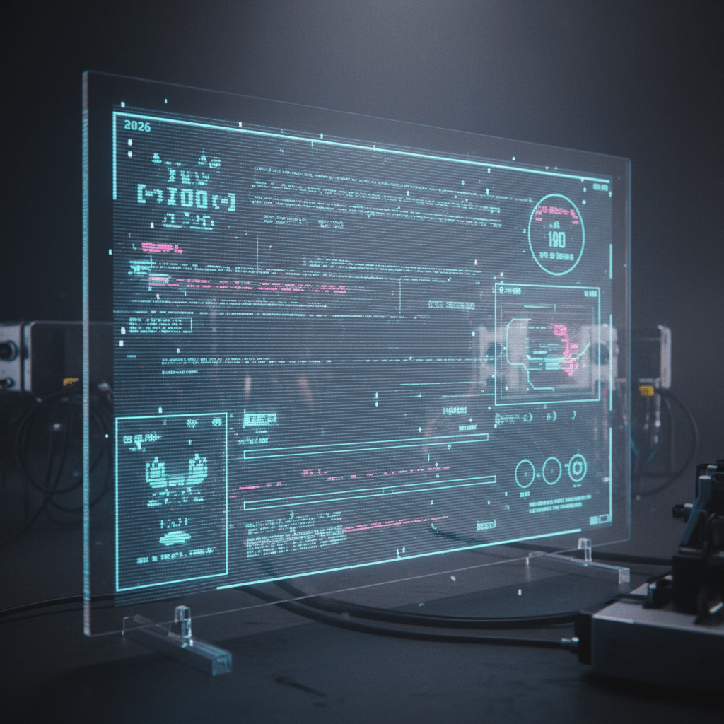 Futuristic digital workspace with vintage VCR glitch elements and 1990s typography.