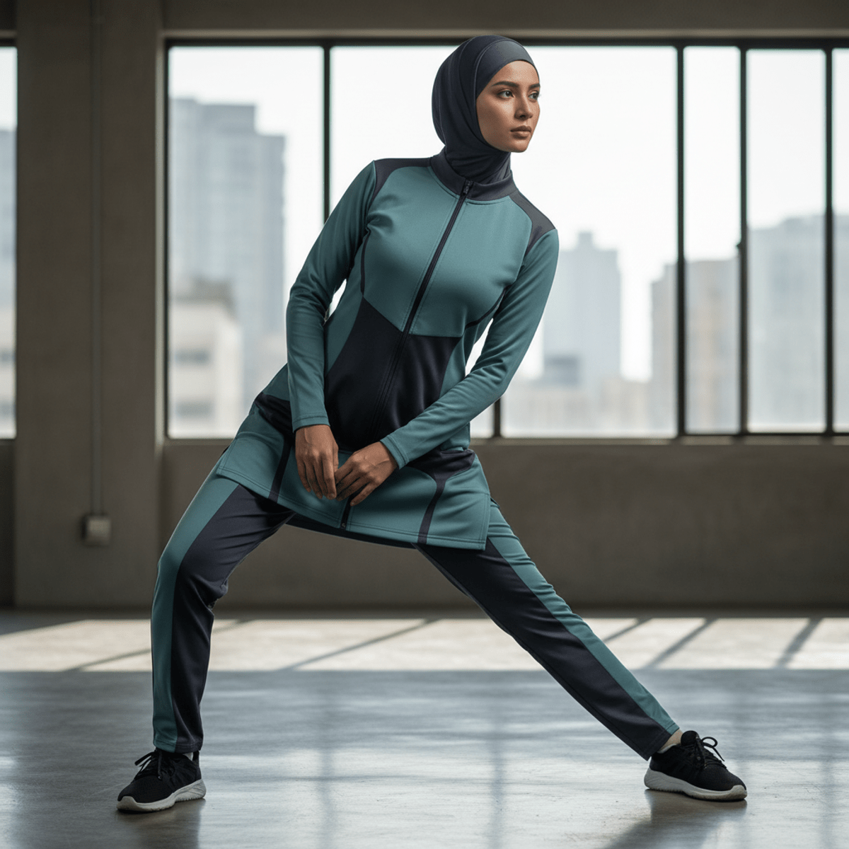 Modern athletic hijab with performance fabric in a gym setting. Futuristic sport hijab with color-blocking in muted teal and charcoal, shown mid-stretch.