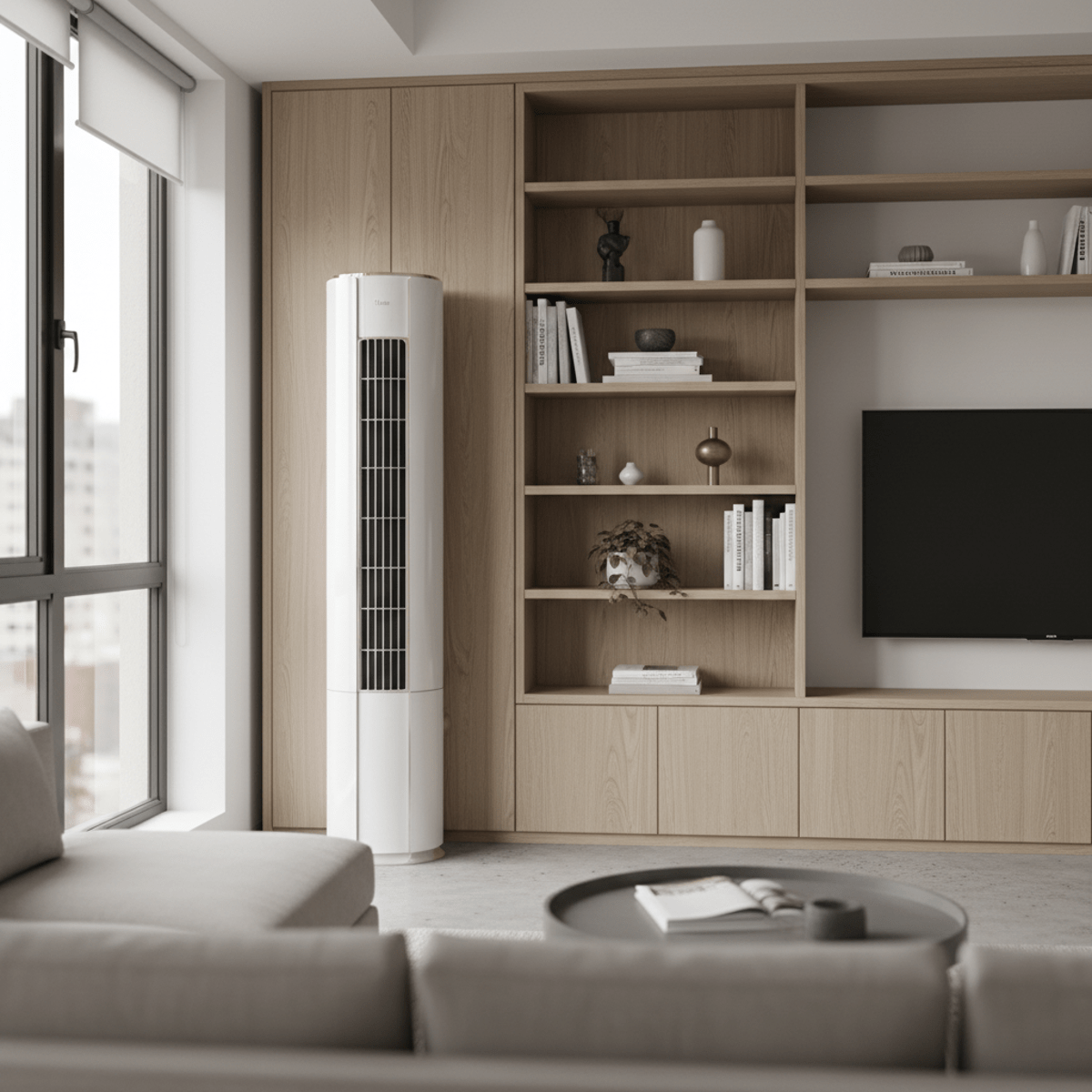 Slim vertical air conditioner beside a modern bookshelf in a minimalist urban apartment.