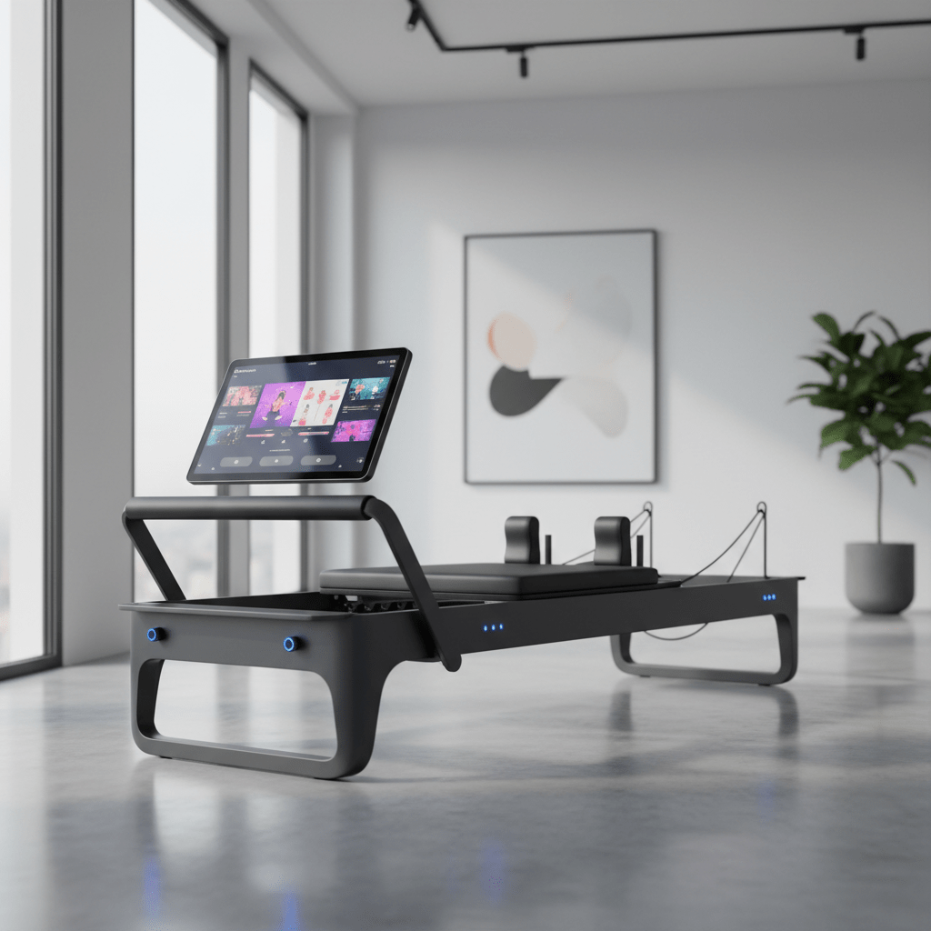 Sleek home pilates reformer in a modern apartment studio with leather upholstery and touchscreen.