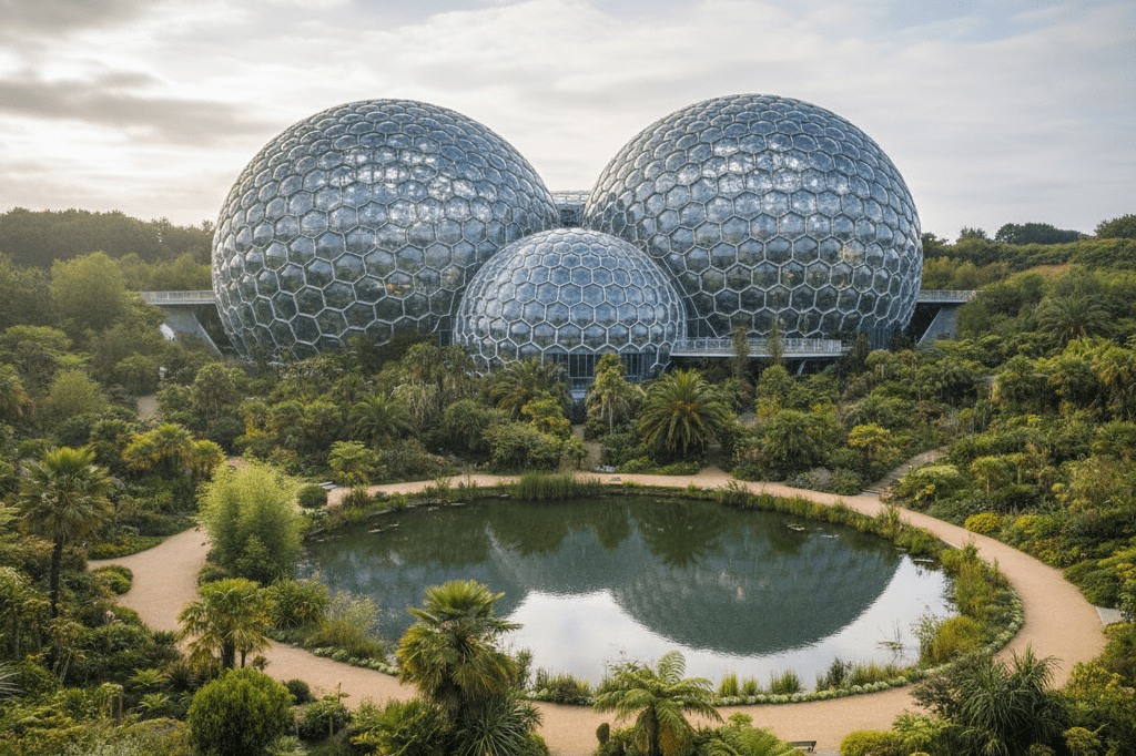 Wide view of Eden Project’s biomes surrounded by greenery under natural light, highlighting sustainability and ecological design