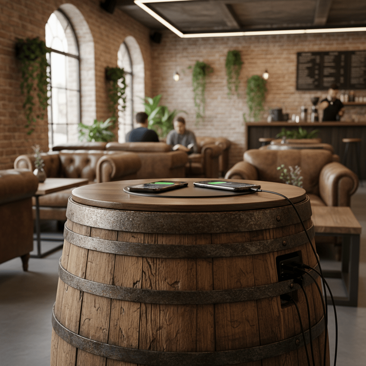 Weathered oak barrel repurposed as a modern charging station in a cozy cafe lounge.
