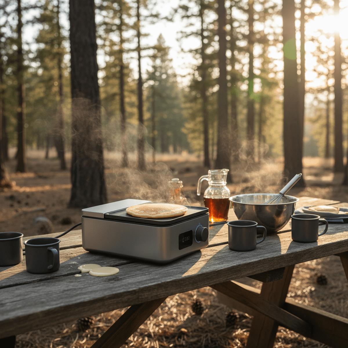 Modern portable pancake maker on a rustic picnic table with camping essentials.