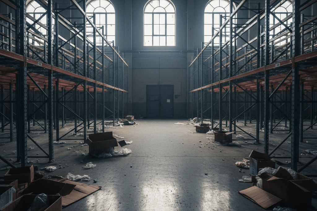 Dimly lit warehouse with empty pallet racks and scattered packaging materials suggesting organized theft activity