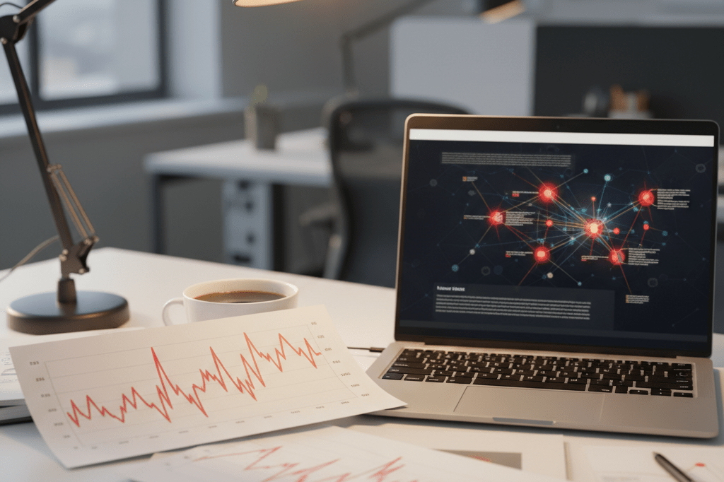 Cluttered procurement desk with rising price charts and supply maps under warm light, symbolizing market disruption