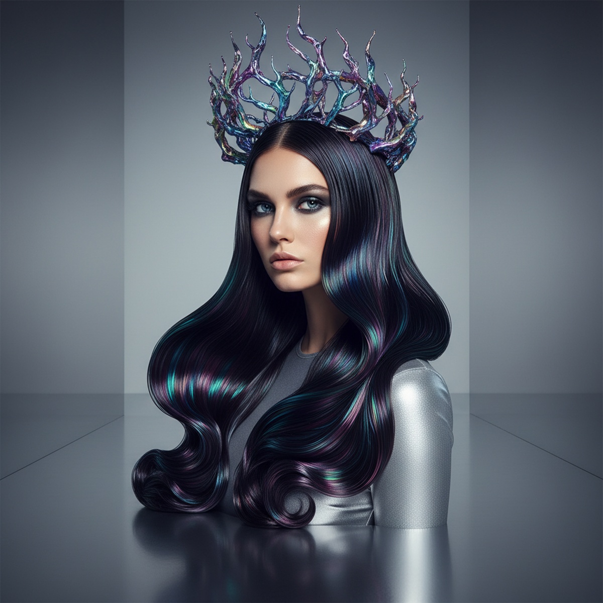 Model with slick, holographic hair in electric blue, purple, and green shades.
