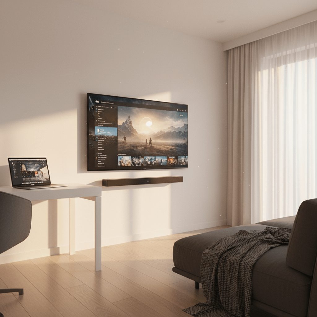 Modern entertainment nook with 4K TV, laptop, and soundbar bathed in golden sunlight.