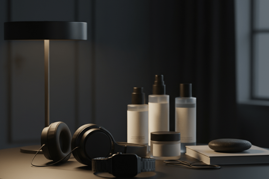 Close-up of high-end products styled for suspense-driven retail strategies under warm ambient lighting