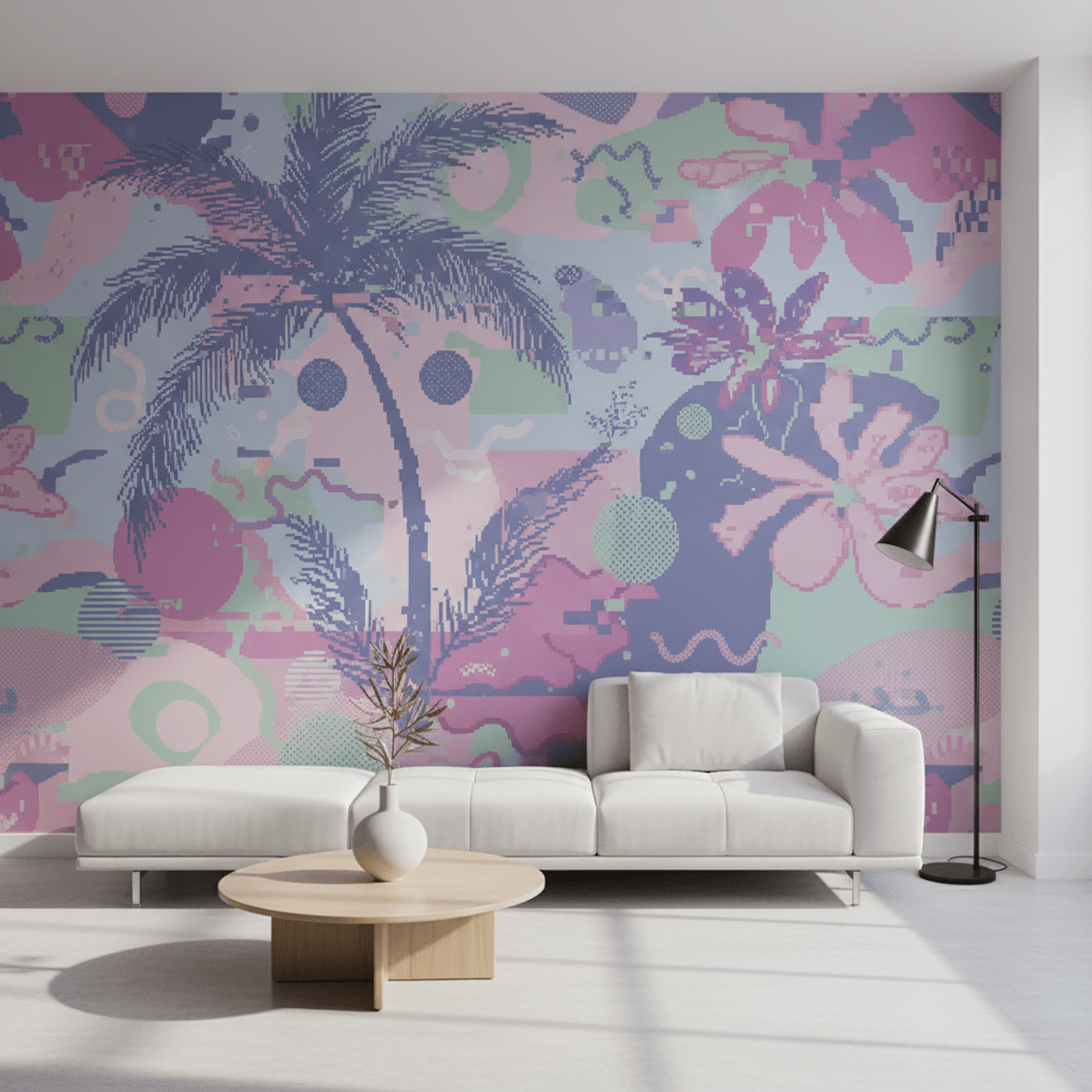 Retro-futurist botanical wallpaper accent wall Retro-futurist botanical wallpaper with pixelated motifs in a modern studio.
