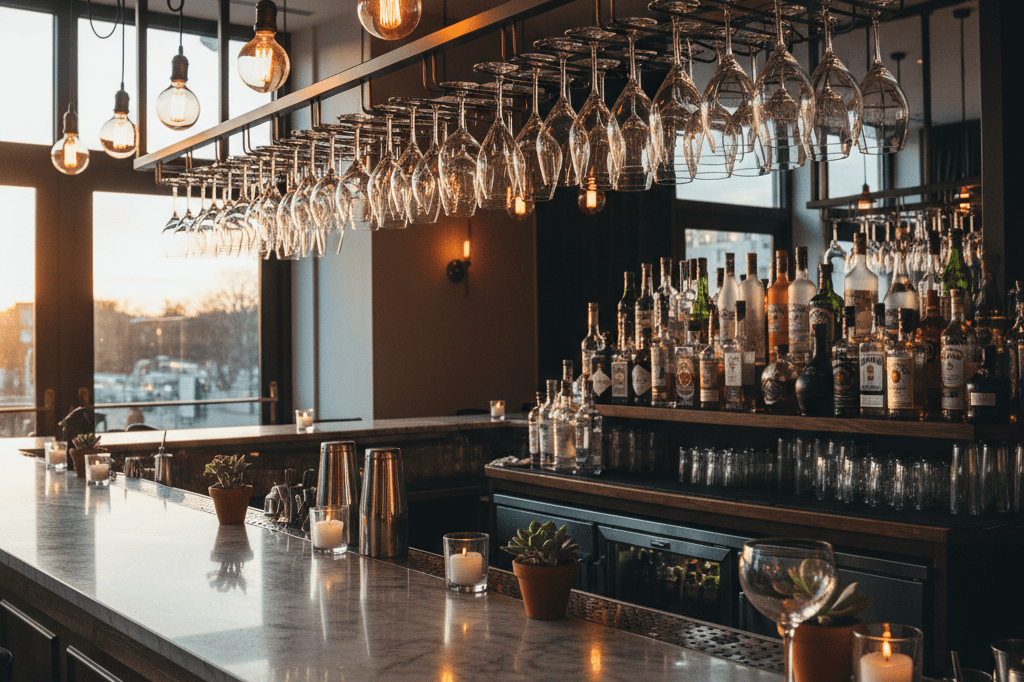 An elegant bar setup featuring hanging glassware and glowing lights under natural evening ambiance