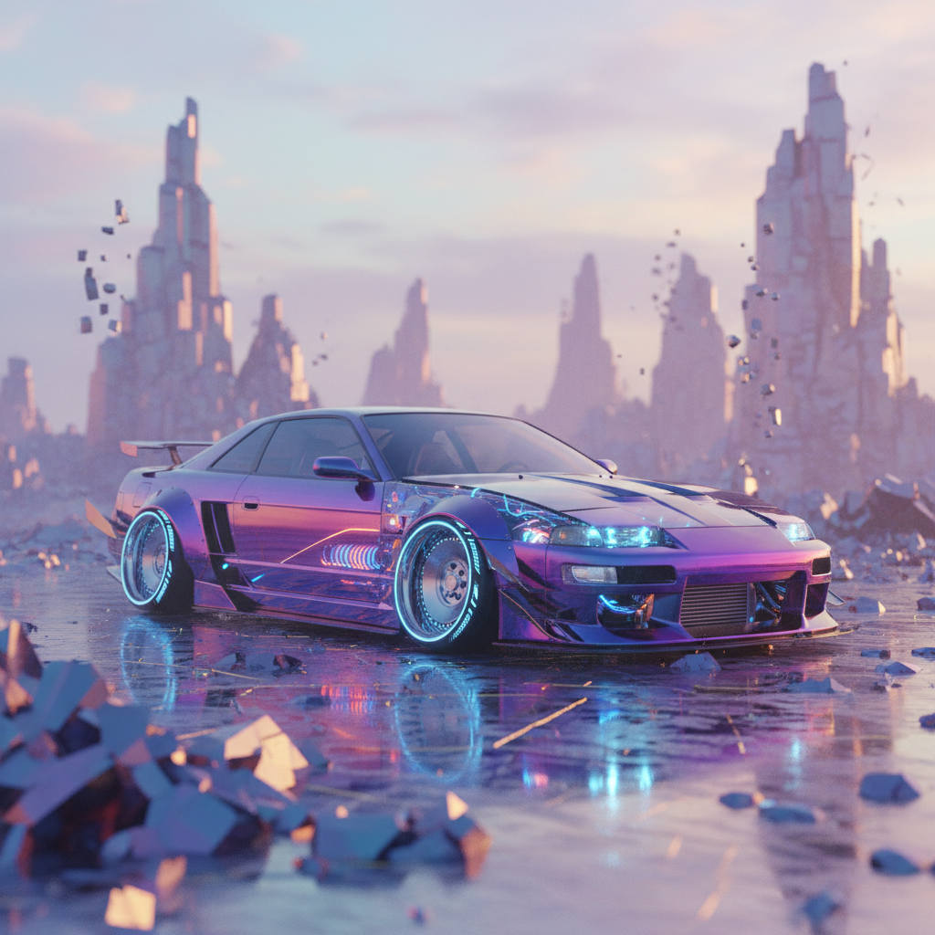 Hyper-realistic digital render of a modified 1990s coupe in a surreal desert landscape.