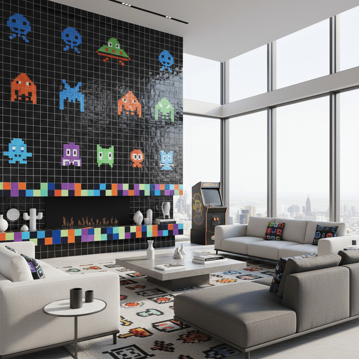 Contemporary living room with 80s arcade art and neutral furnishings.