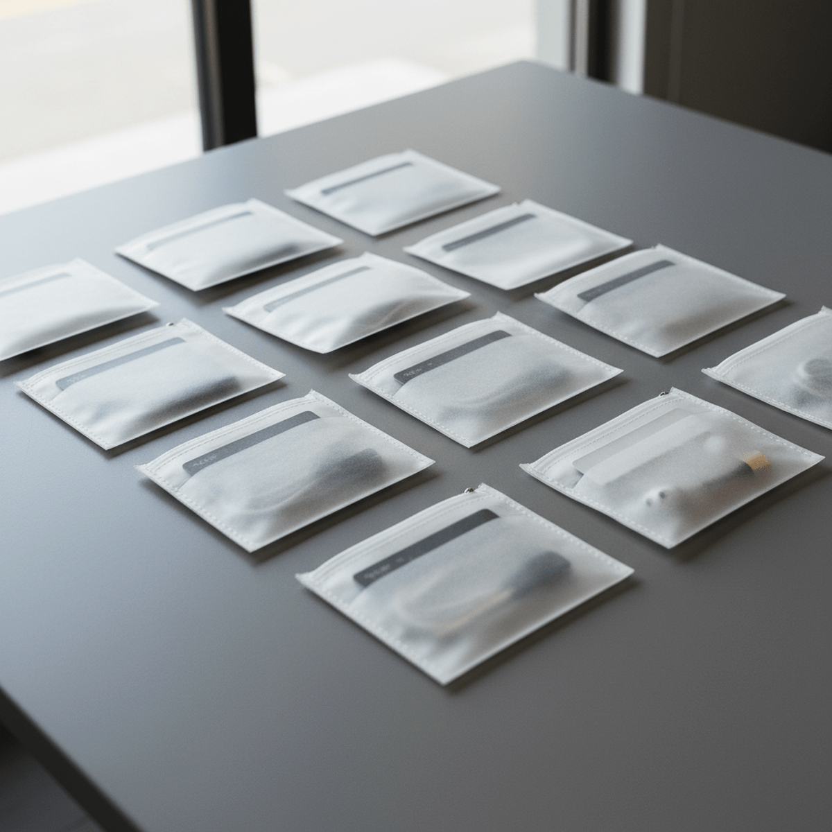 Ultra-thin wallets and tech pouches made from semi-translucent dyneema fabric.