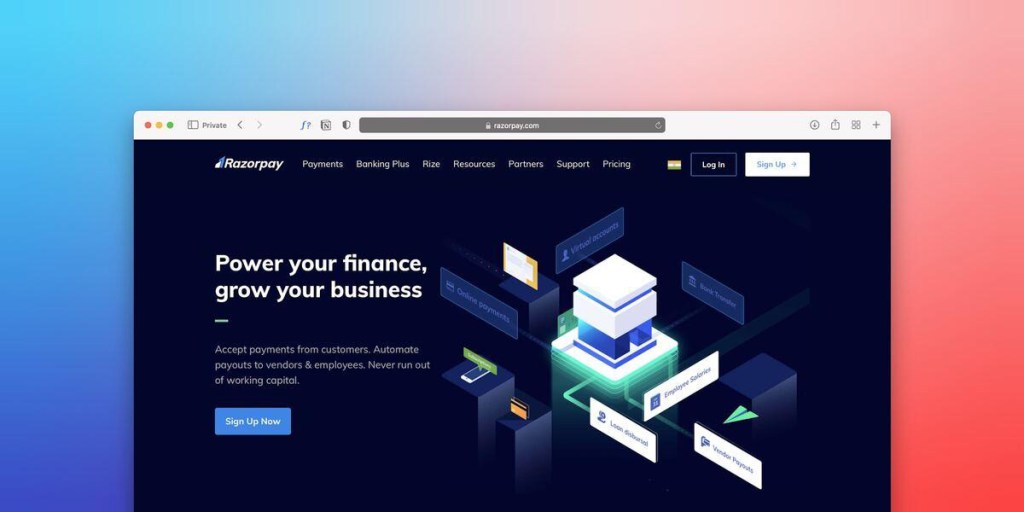 Razorpay's dark-themed fintech business homepage