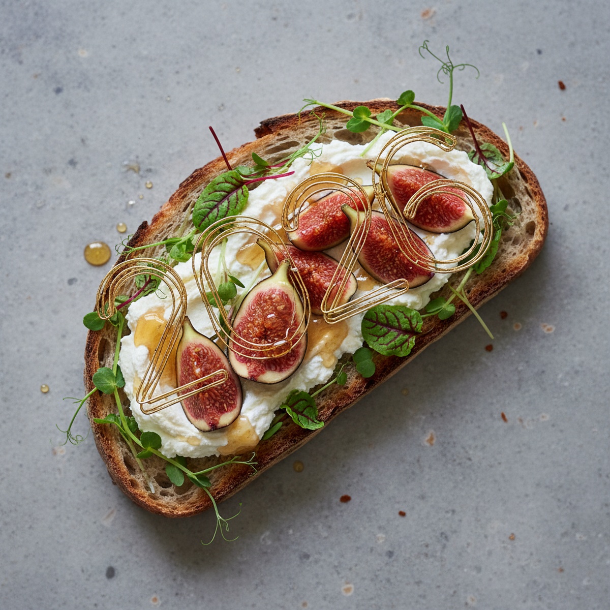 Overhead view of an avant-garde sandwich with ricotta, figs, and hot honey on artisanal bread.