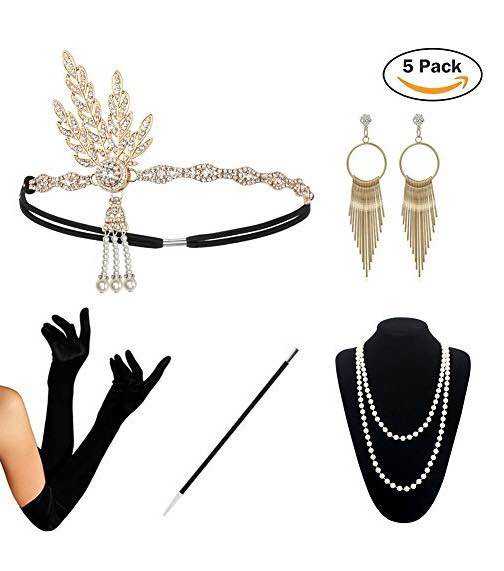 FLAPPER 3PC SET HEADBAND PEARLS NECKLACE GLOVES FANCY DRESS CHARLESTON COSTUME