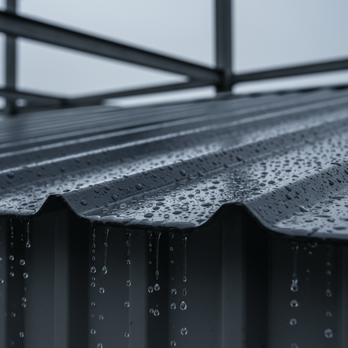 Close-up of a metal shed roof with thick, flexible rubberized coating and beading rain.