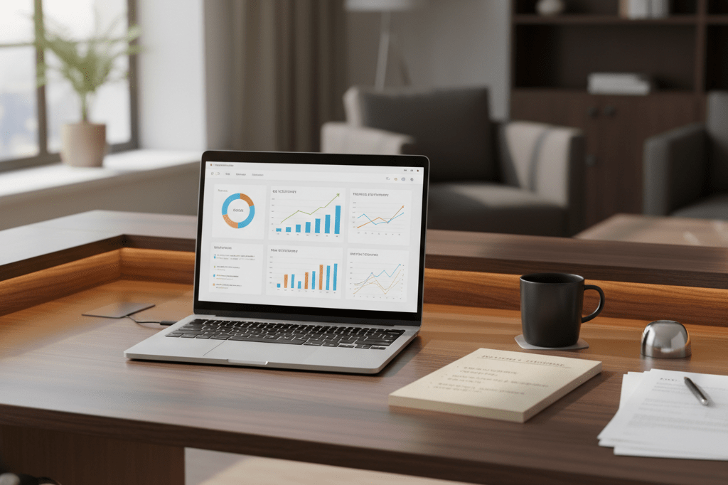 Sleek office desk with laptop, notebooks, and coffee mug under warm natural and ambient light, symbolizing strategic business planning
