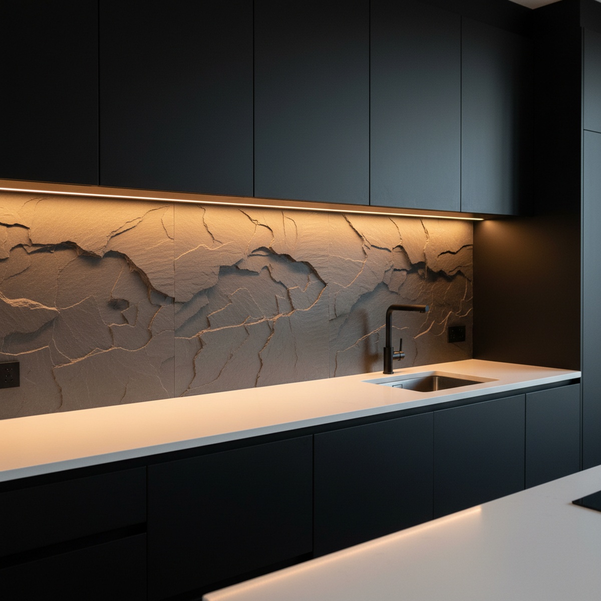 Modern kitchen with textured carbon slate backsplash and matte black cabinetry.