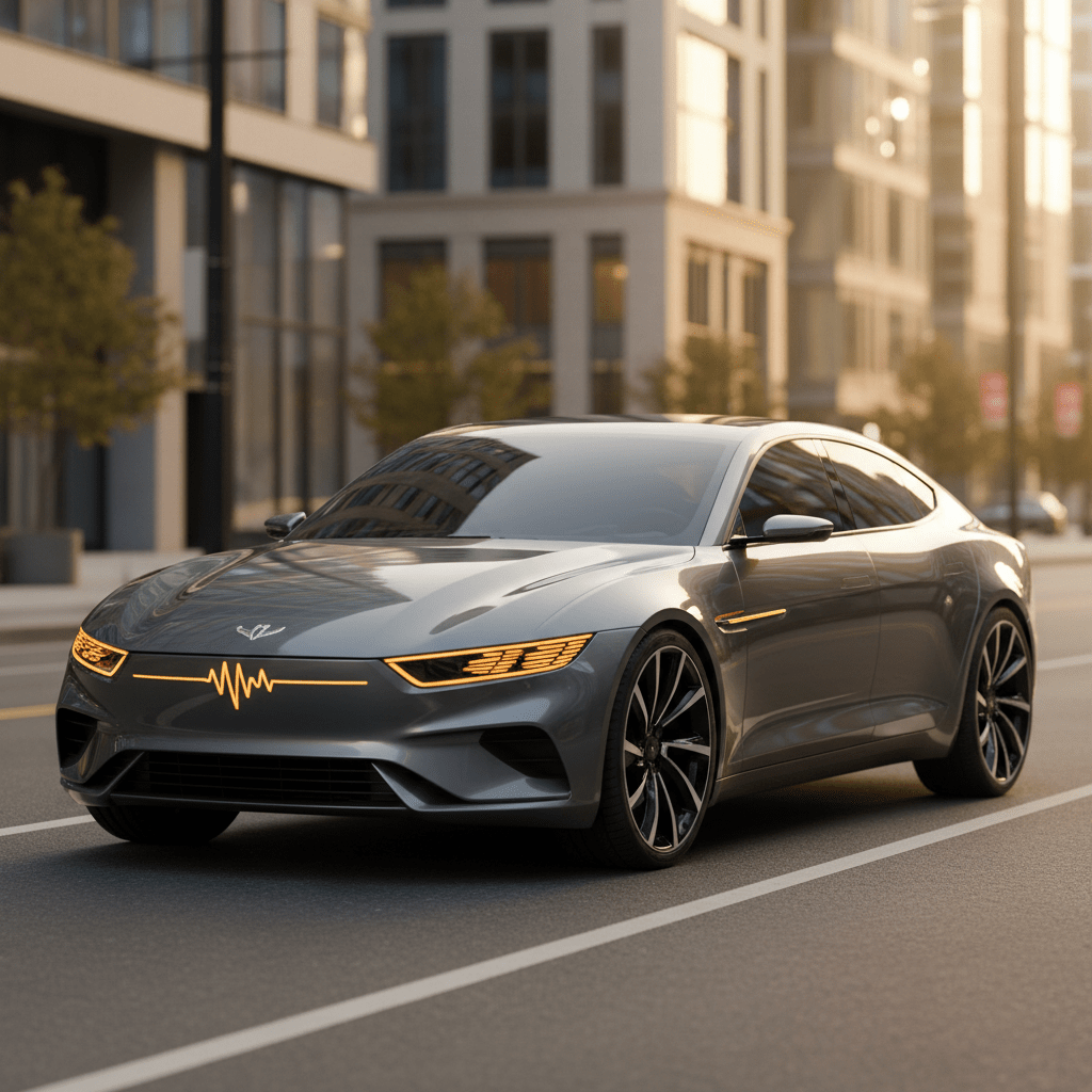 Sleek graphite fastback sedan with amber lights on a sunlit city street.