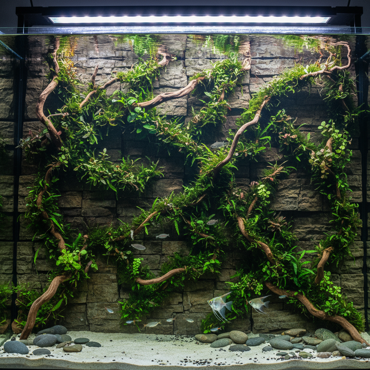 Aquascape with driftwood wall, moss, and plants, clear water, and fish swimming.