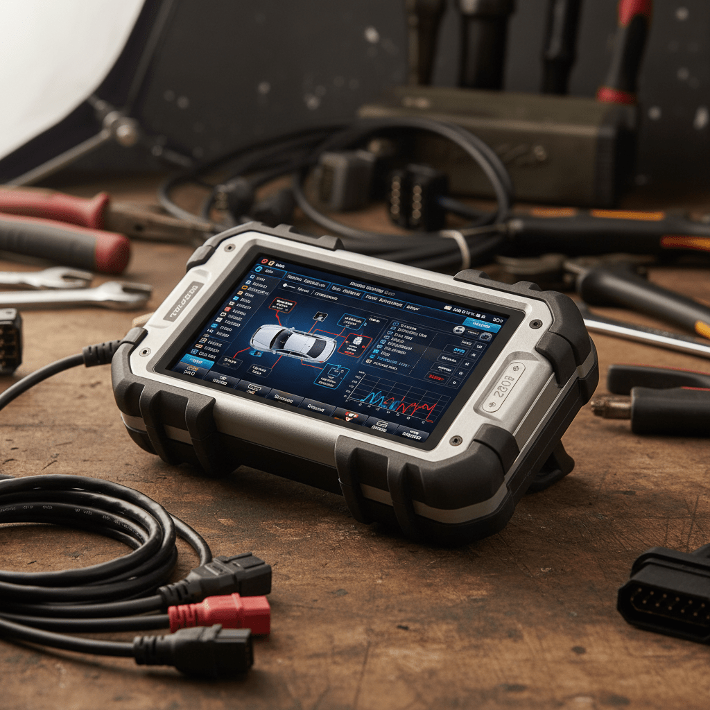 Rugged OBD scanner with large touchscreen showing detailed diagnostic menu on workshop bench.