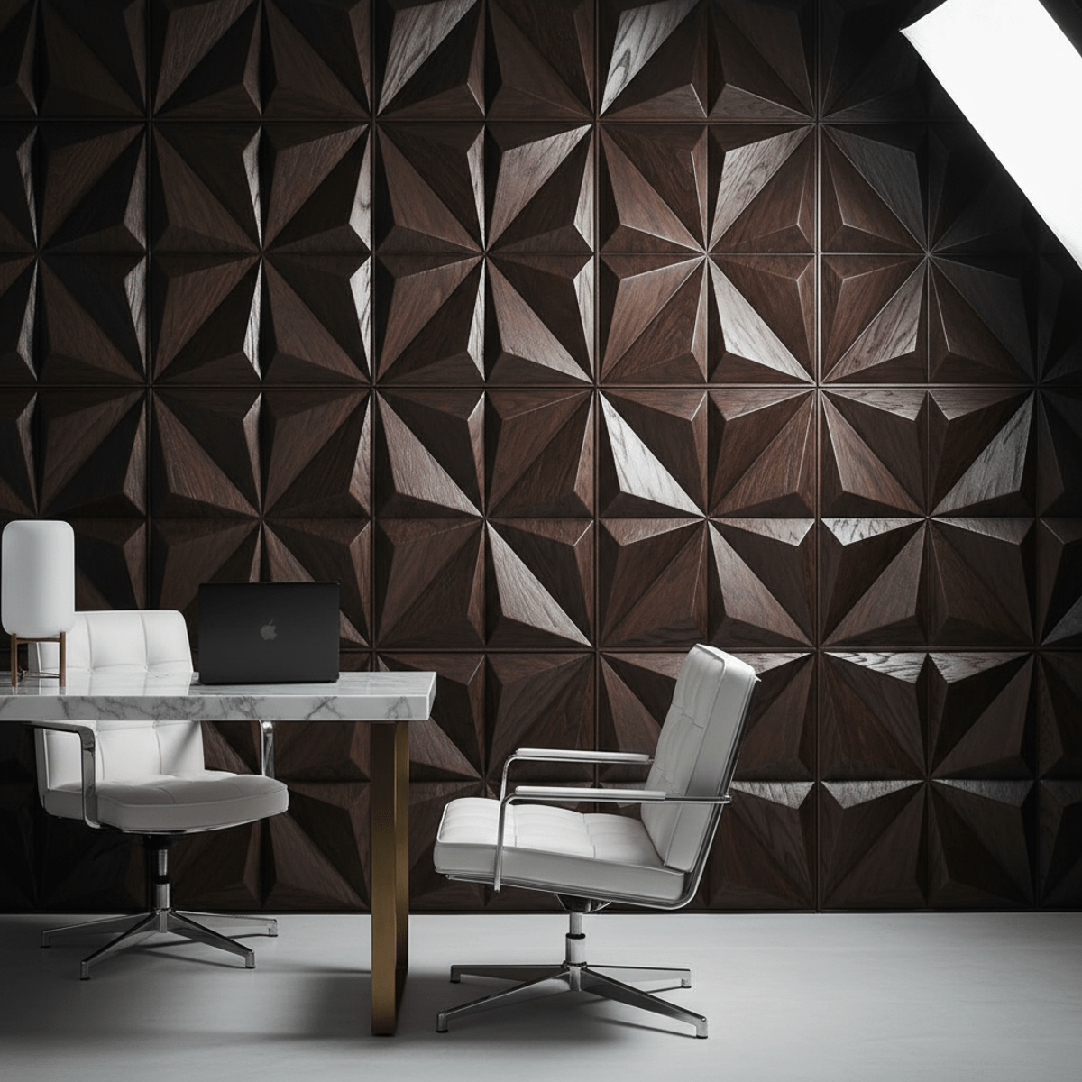 Dark walnut wall paneling with bold geometric CNC carvings and glossy finish.