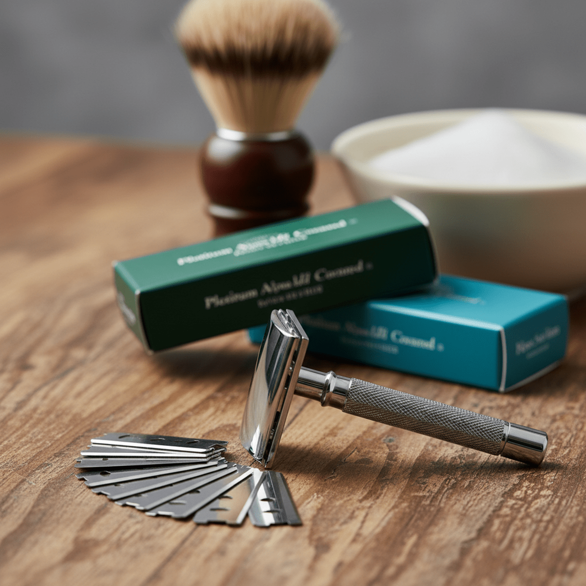 Elegant wet shaving setup with safety razor, blades, and brush on a wooden counter.