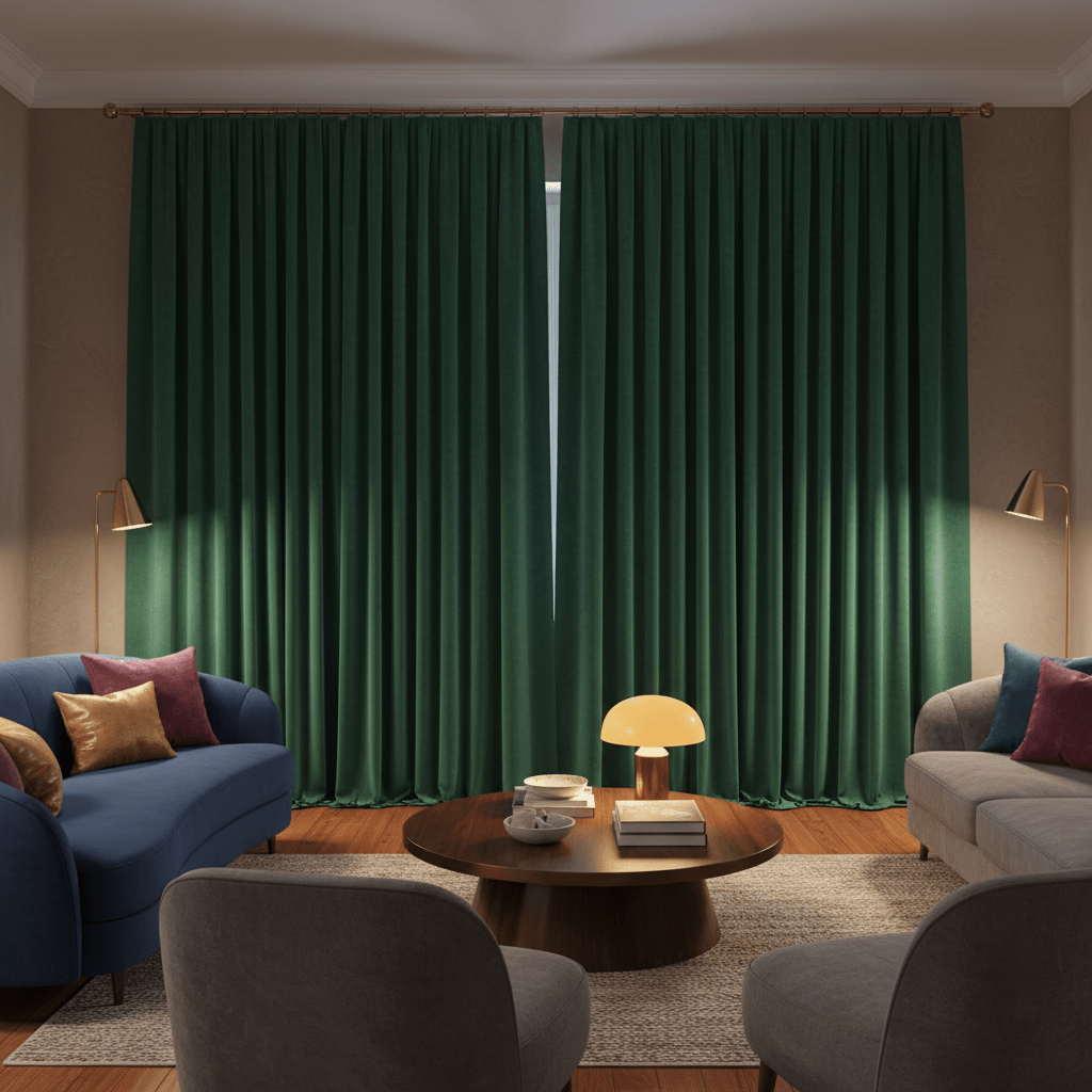 Emerald velvet curtains in a cozy living room setting. Modern living room featuring floor-to-ceiling emerald velvet curtains with a sumptuous texture.