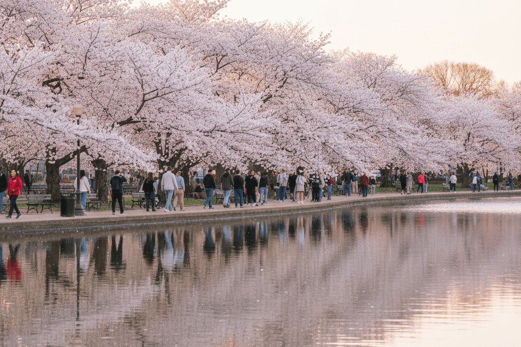 Yoshino cherry blossoms reflecting in Tidal Basin waters at sunset Serene view of cherry blossoms in full bloom by the Tidal Basin under natural golden-hour lighting