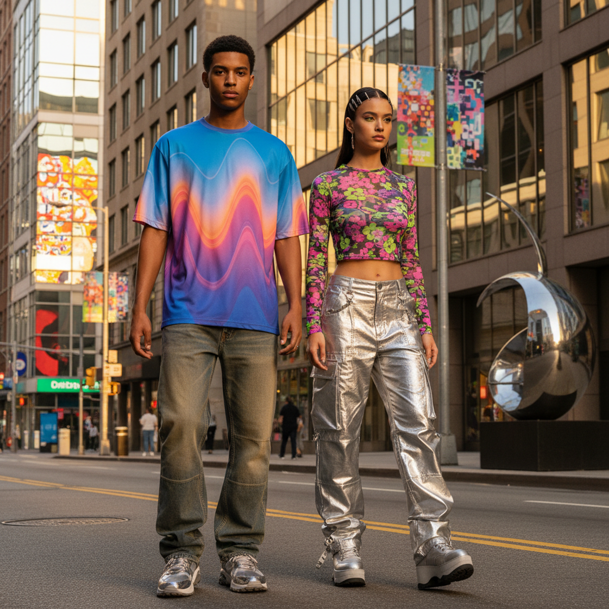 Young adults in AI-inspired Y2K revival outfits on a street during golden hour.