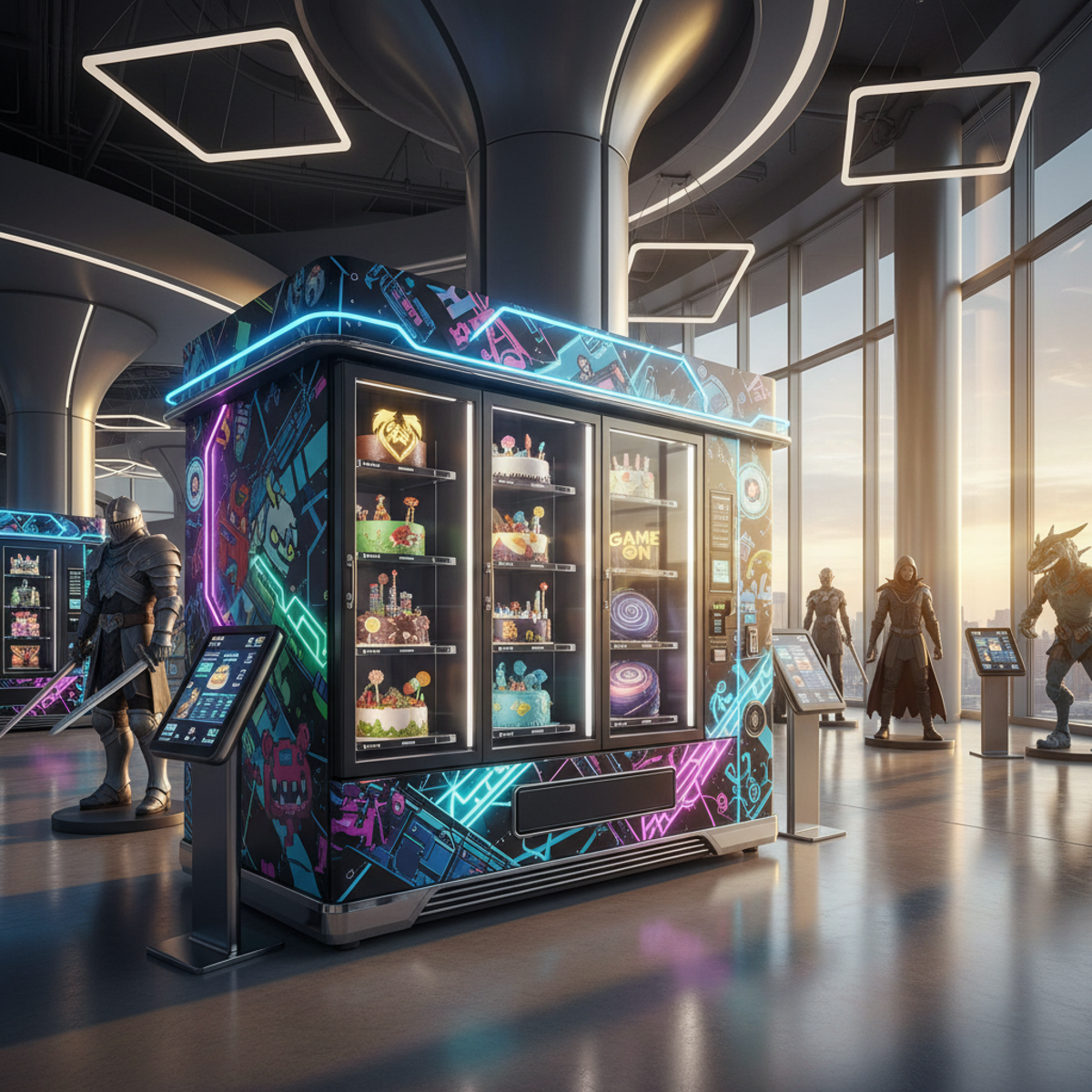 Futuristic cake vending machine with gaming graphics and neon lights in an entertainment venue.