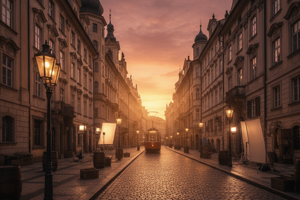 Authentic Czech street scene as a strategic filming location Golden hour view of a historic European street used for atmospheric cinematic production