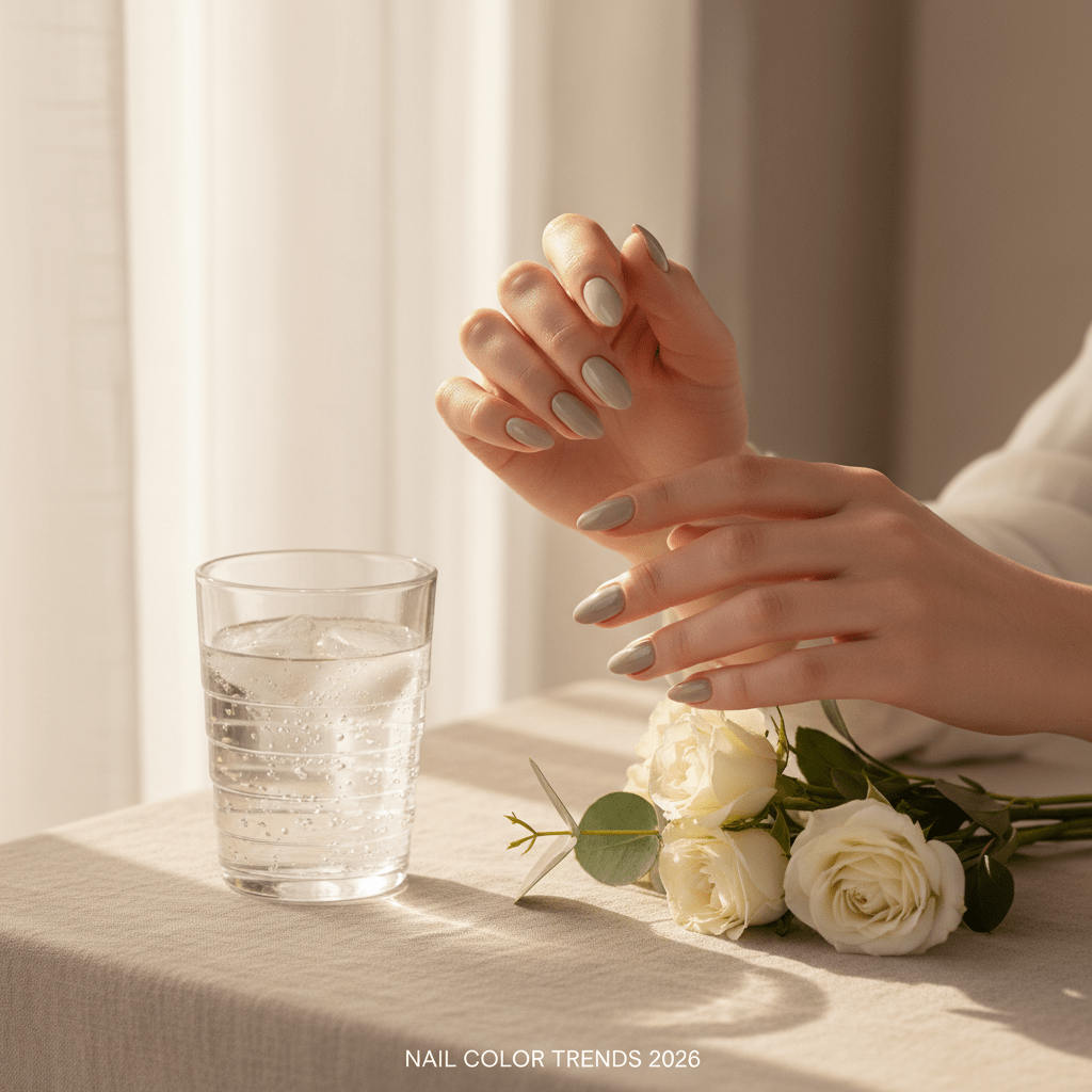 Hands with smooth, creamy neutral nail polish resting on linen with flowers.