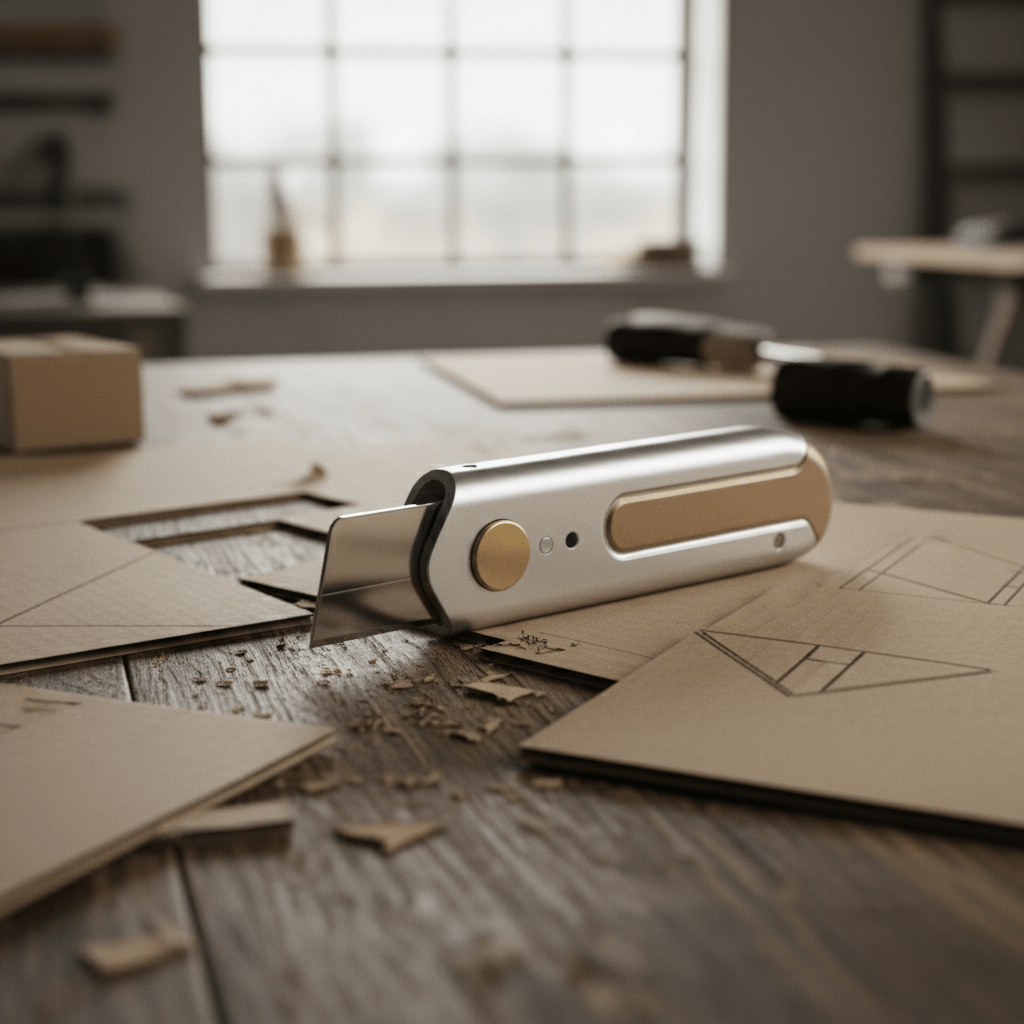Dual-function cardboard cutter with razor blade and scoring tip on a workbench.