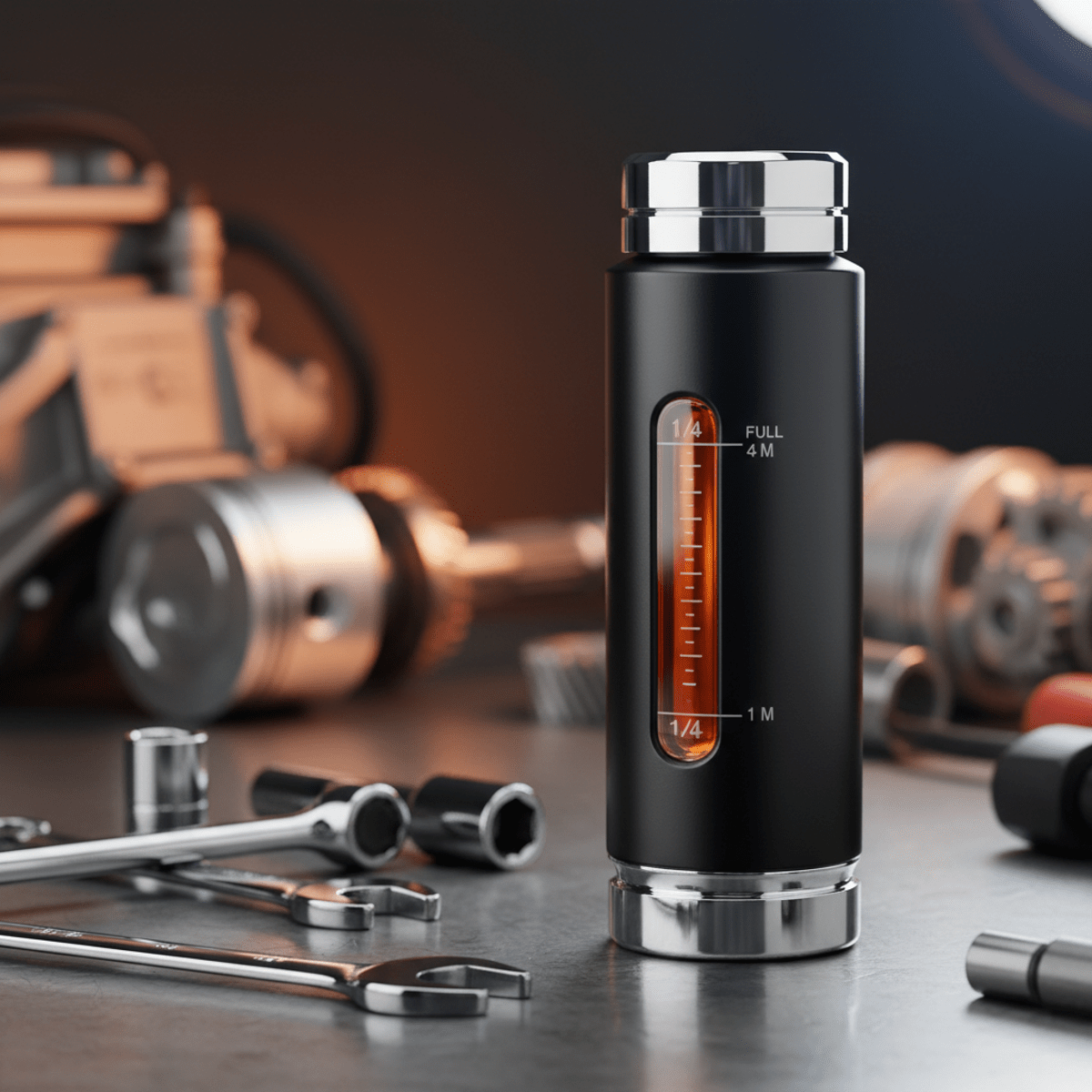 Sleek octane booster bottle on a reflective workbench with automotive tools.