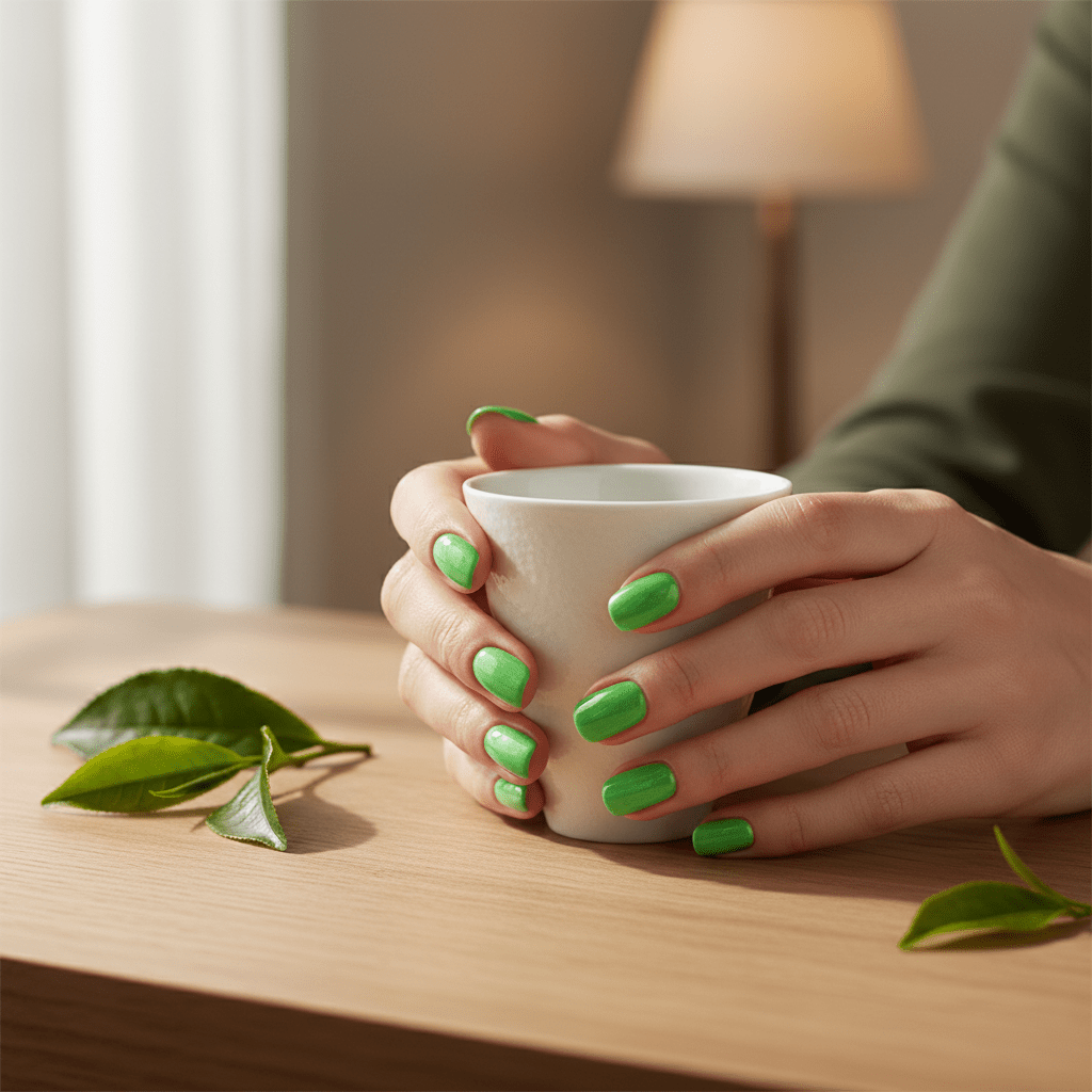 Elegant hands with glowing bio-luminescent matcha green nails holding a white ceramic teacup.