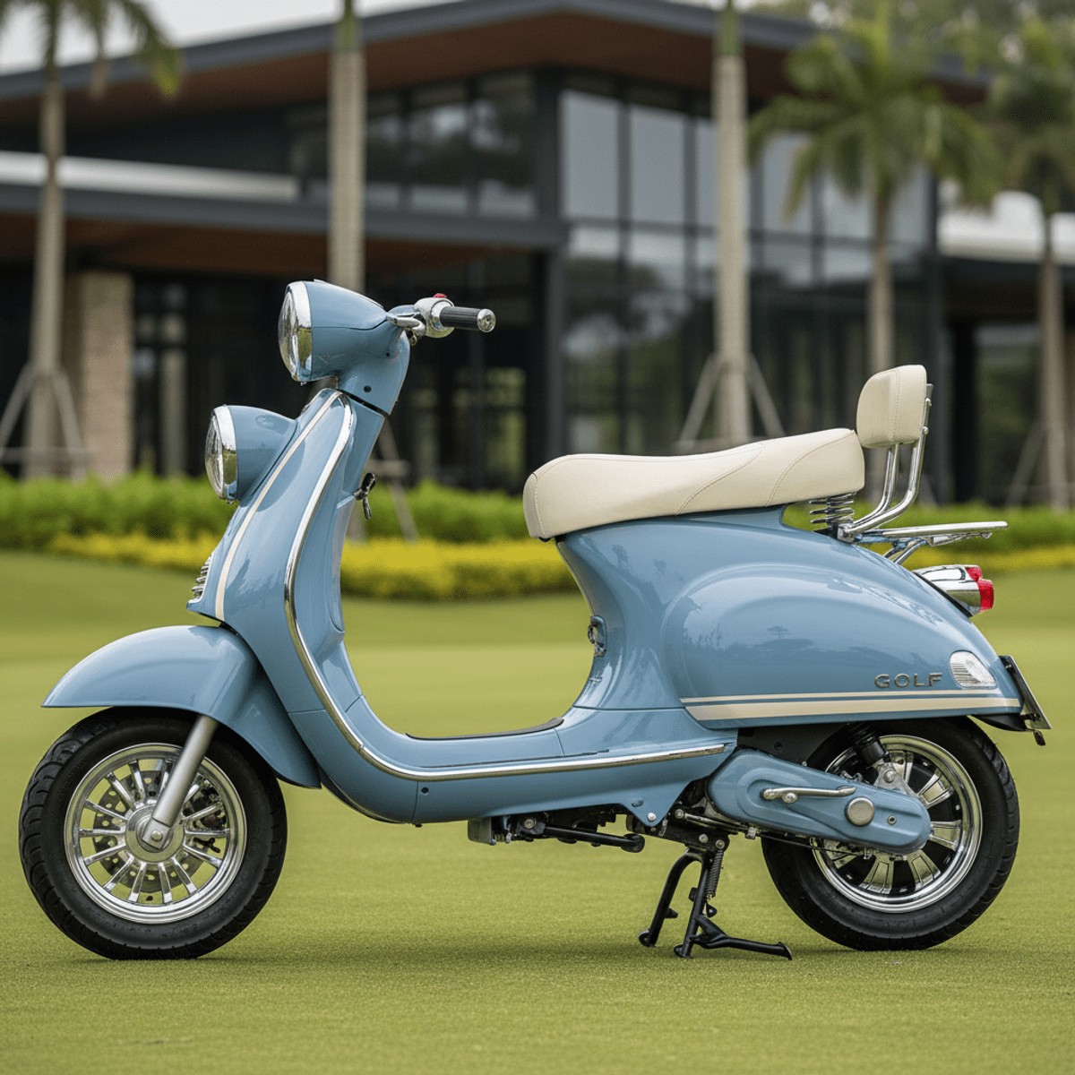 Powder blue vintage electric golf scooter with cream detailing and chrome trim.