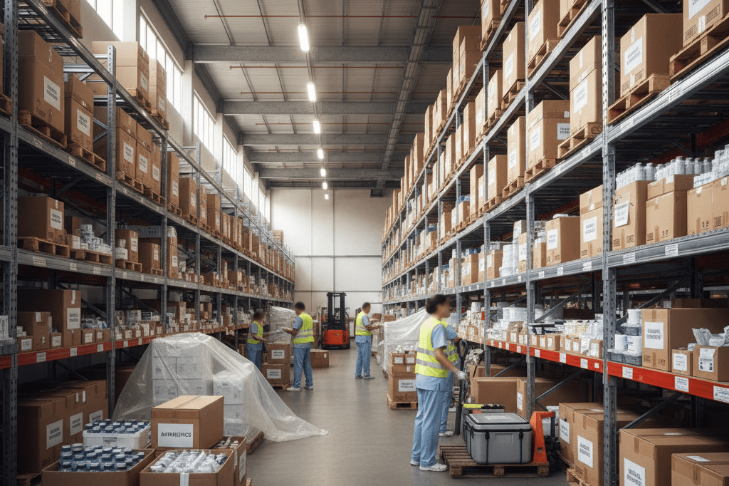 Rows of medical supplies organized in a distribution center under ambient lighting, highlighting coordination in healthcare logistics.