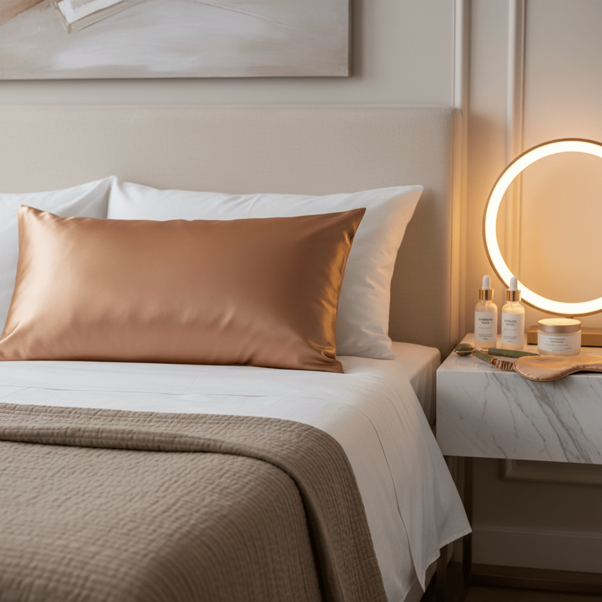 Luxurious bedroom with silk pillowcase, marble nightstand, and premium skincare.
