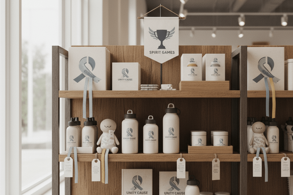 Warmly lit retail shelf with neutral charity-themed merchandise inspired by high-profile events