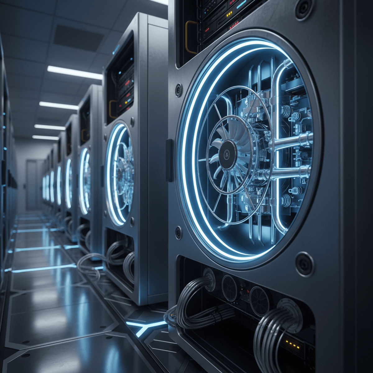Sleek futuristic data center server racks with advanced cooling. Futuristic data center server racks with advanced liquid cooling and blue LED lighting.