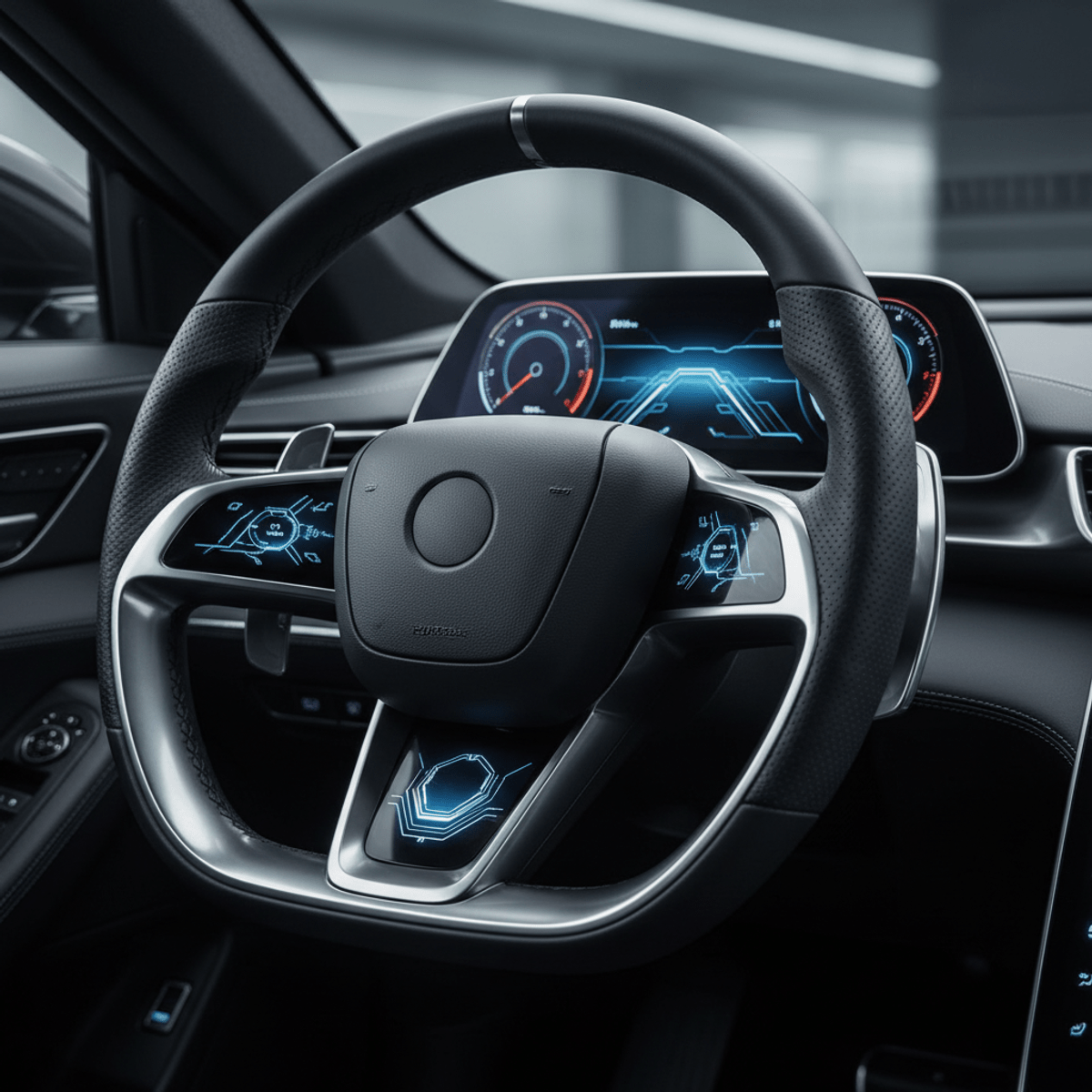Close-up of futuristic steering wheel with haptic feedback gauges and glowing rings.