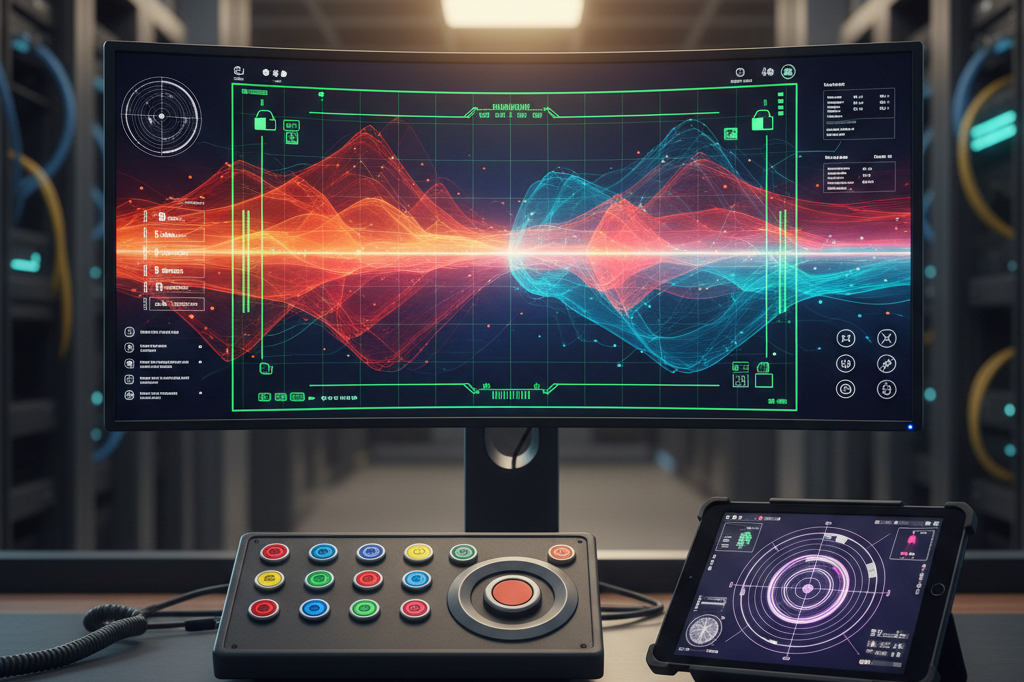 Professional security console with monitors showing abstract threat maps under warm ambient office lighting