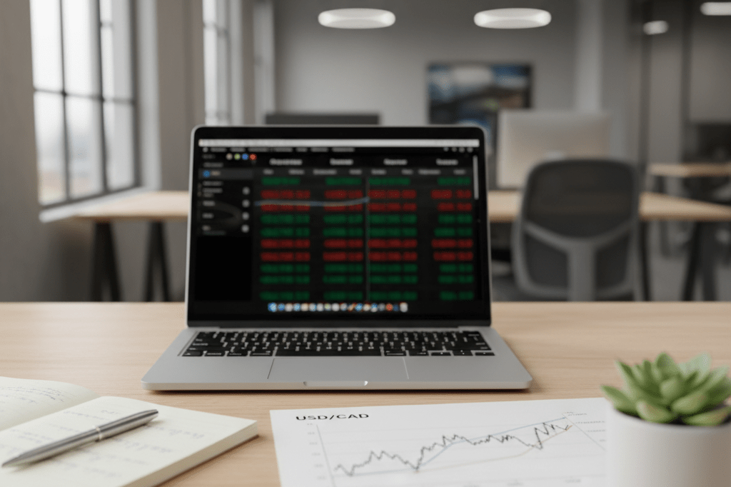 Medium shot of a laptop showing a foreign exchange rate dashboard beside a notepad and succulent on a sunlit office desk