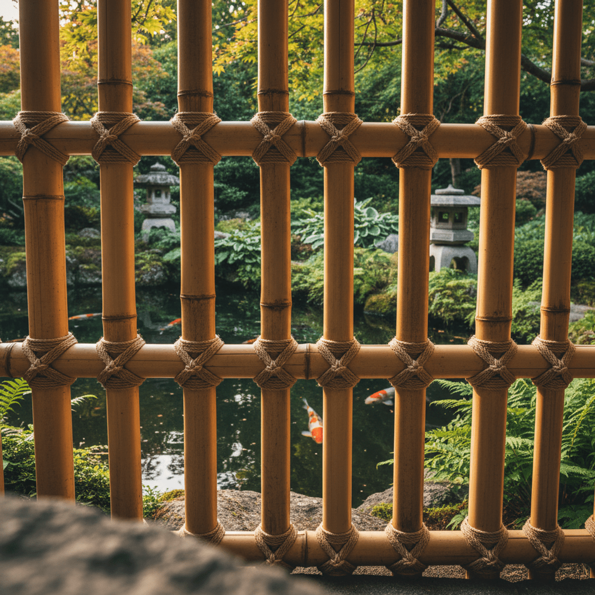 Golden bamboo fence with rope lashings by a koi pond at golden hour.