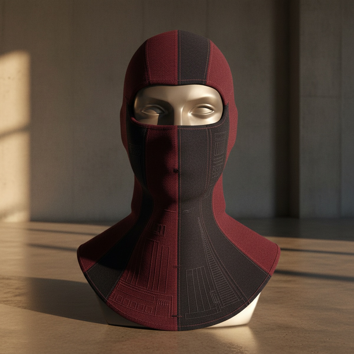 Architectural luxury coat in burgundy and navy cashmere on a mannequin.